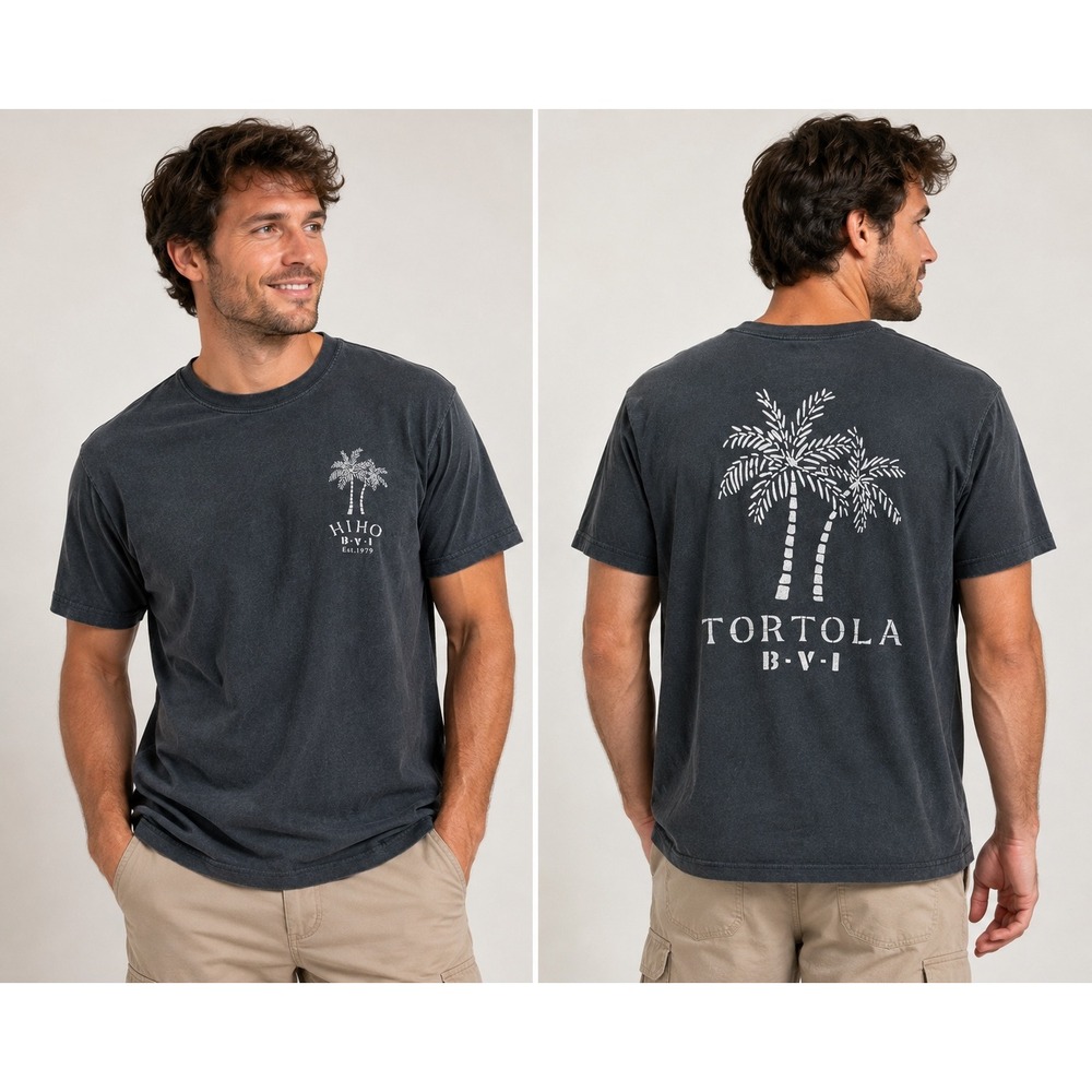 Hiho Tortola BVI Graphic T-Shirt Mens XL Black Cotton Palm Tree Caribbean Tee